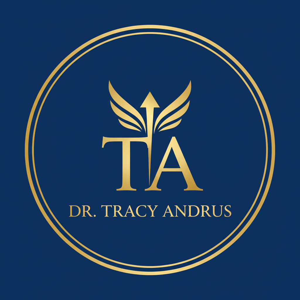 Logo of Dr. Tracy Andrus featuring the initials 'TIA' and wings, set against a blue background.