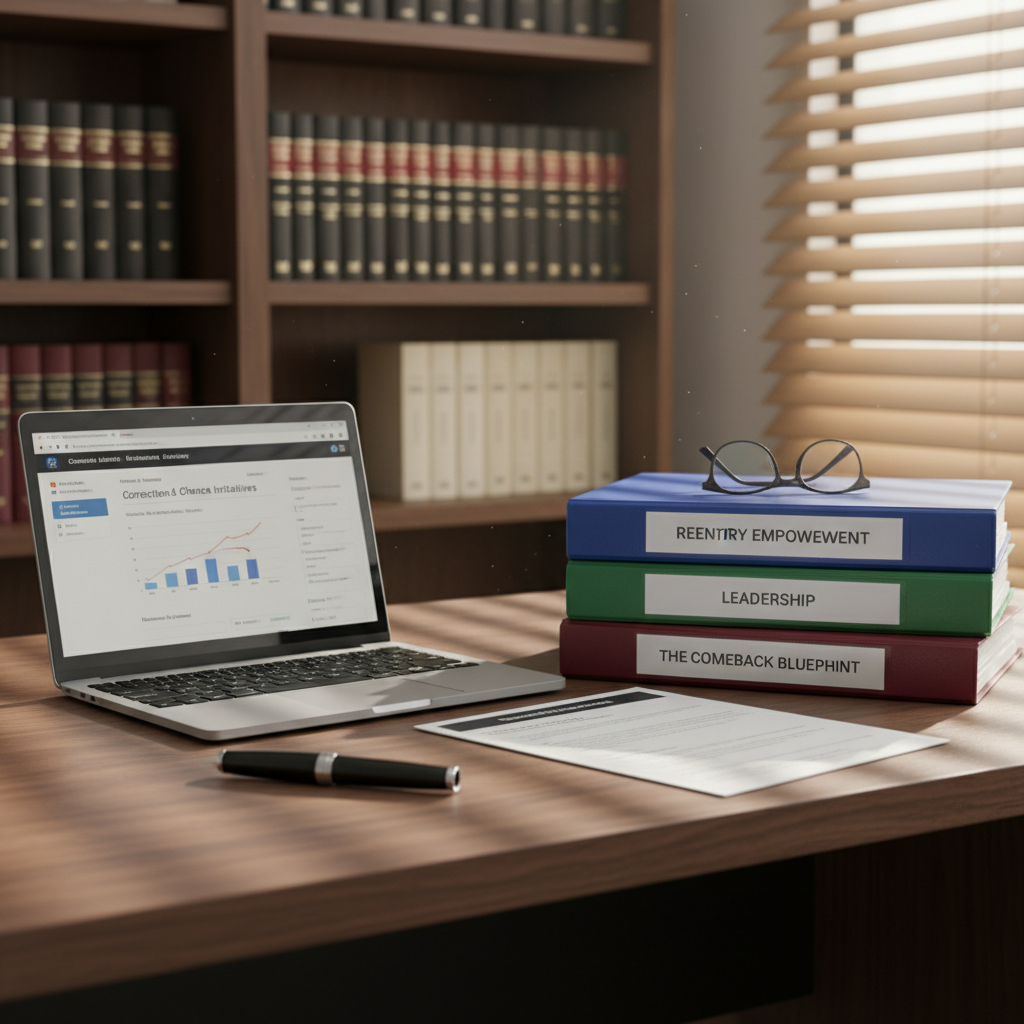 A neatly organized, contemporary office desk featuring a dark walnut surface, a slim laptop displaying a criminal justice course dashboard, and a stack of color-coded binders labeled “Reentry Empowerment,” “Leadership,” and “The Comeback Blueprint.” A matte black fountain pen rests beside a pair of reading glasses atop a printed syllabus. Large bookshelves in the background hold legal texts and theology volumes, softly blurred. Morning daylight filters through partially open blinds, casting linear patterns across the desk. Photographic realism, shot from a slightly elevated angle, with balanced, natural lighting that creates a focused, scholarly yet hopeful mood aligned with academic excellence and second chances.