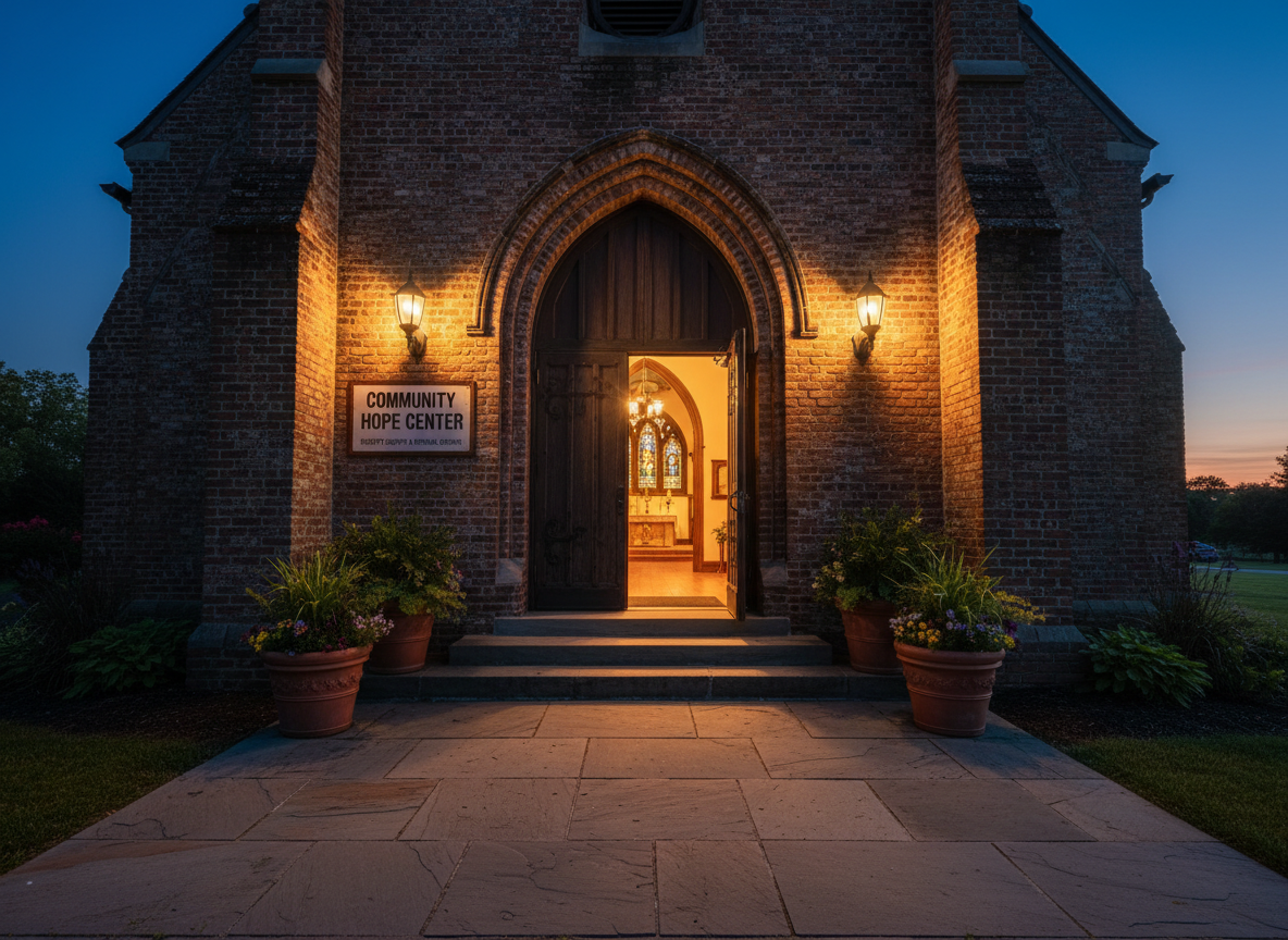 A weathered brick church exterior at twilight, its wooden double doors slightly open, revealing a warm golden glow from within. A simple metal sign near the entrance reads “Community Hope Center” with smaller text about reentry support and spiritual growth. Streetlights cast soft pools of light on the walkway, and potted plants flank the steps, adding life and color. The sky is a deep indigo, with the last hint of sunset on the horizon. Photographic realism, wide-angle shot from ground level, with crisp focus throughout, evoking a welcoming, faith-filled space dedicated to transformation and community impact.