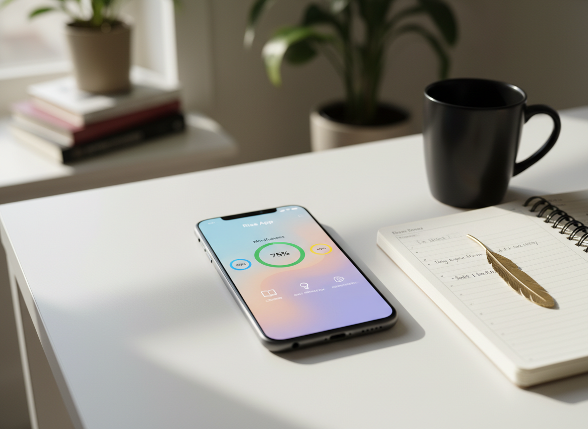A sleek smartphone lying on a clean white table, its screen glowing with the Rise App home interface featuring an uplifting gradient background, progress circles for personal growth goals, and icons for courses, daily inspiration, and reentry resources. Beside it, a spiral-bound planner with handwritten notes, a metallic gold bookmark, and a simple black coffee mug with a soft sheen. Diffused window light from the left creates soft highlights and gentle shadows, with a blurred background hinting at a cozy home workspace. Photographic realism, captured at a three-quarter angle with shallow depth of field, projecting an organized, motivating, and forward-moving atmosphere.